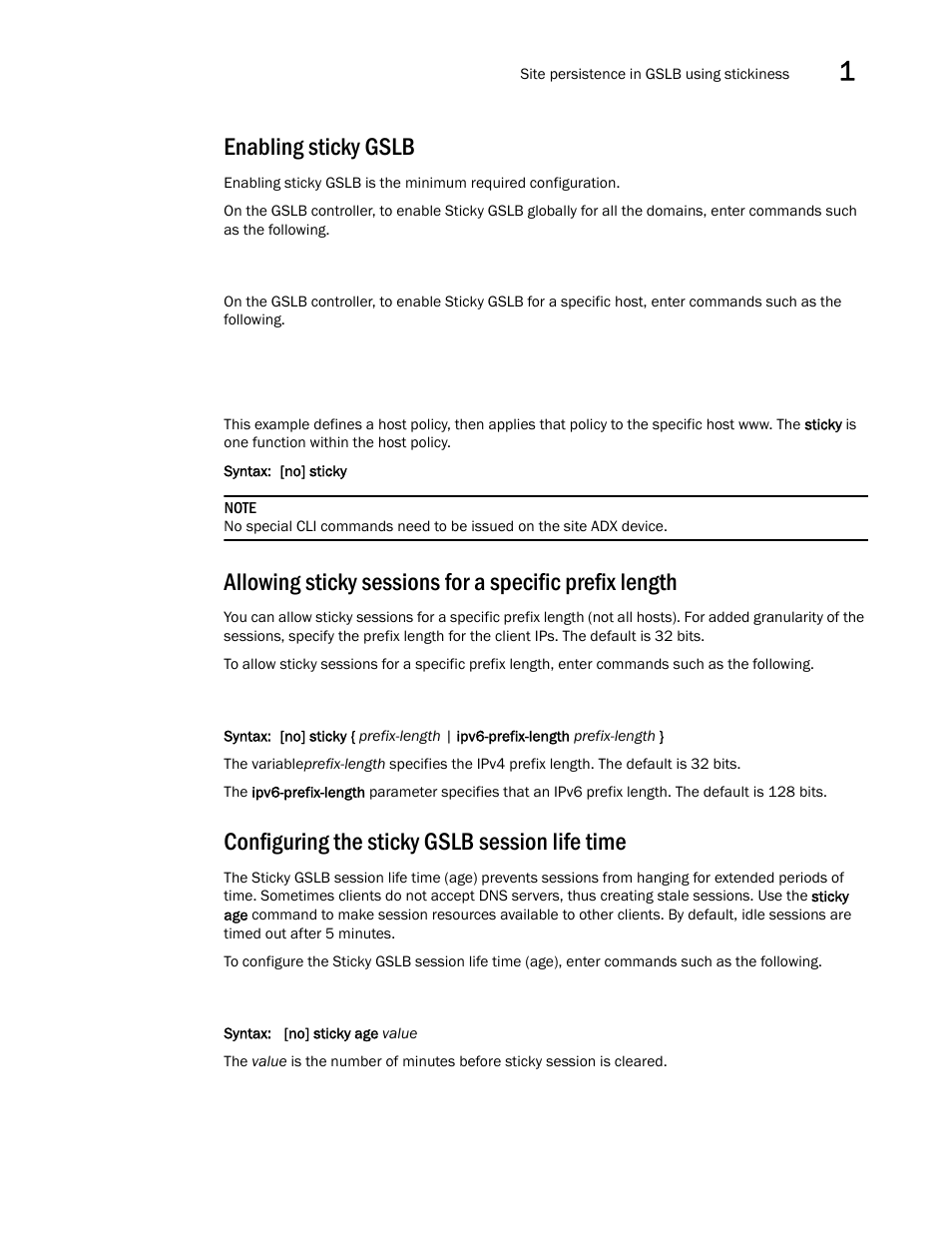 Enabling sticky gslb, Configuring the sticky gslb session life time | Brocade Virtual ADX Global Server Load Balancing Guide (Supporting ADX v03.1.00) User Manual | Page 71 / 198