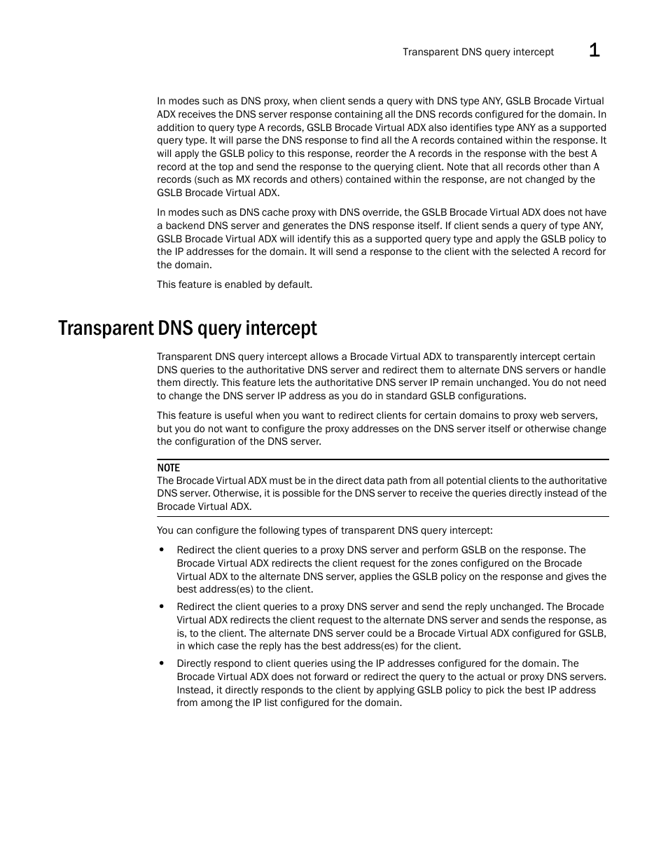 Transparent dns query intercept | Brocade Virtual ADX Global Server Load Balancing Guide (Supporting ADX v03.1.00) User Manual | Page 79 / 198