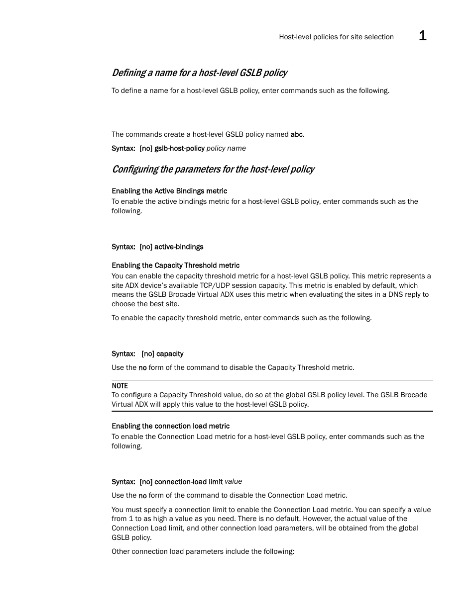 Defining a name for a host-level gslb, Policy, Configuring the parameters for the host-level | Defining a name for a host-level gslb policy | Brocade Virtual ADX Global Server Load Balancing Guide (Supporting ADX v03.1.00) User Manual | Page 95 / 198