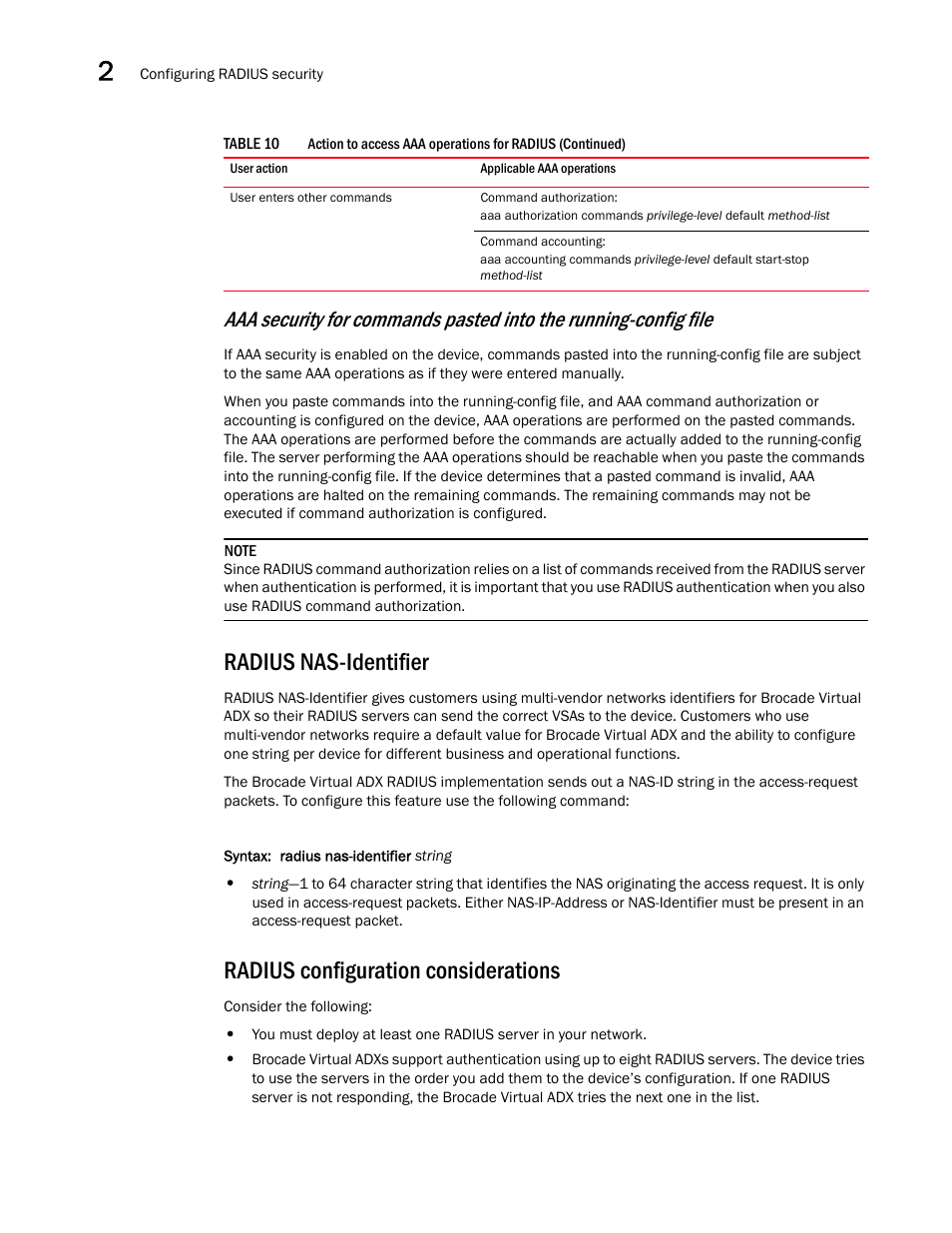 Radius nas-identifier, Radius configuration considerations | Brocade Virtual ADX Administration Guide (Supporting ADX v03.1.00) User Manual | Page 100 / 142