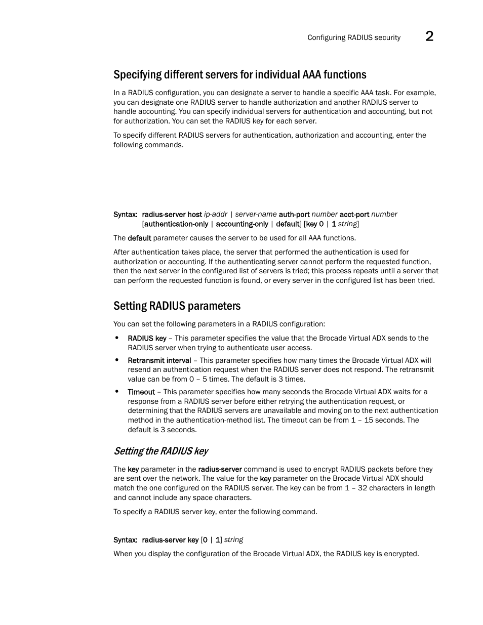 Setting radius parameters, Setting the radius key | Brocade Virtual ADX Administration Guide (Supporting ADX v03.1.00) User Manual | Page 103 / 142