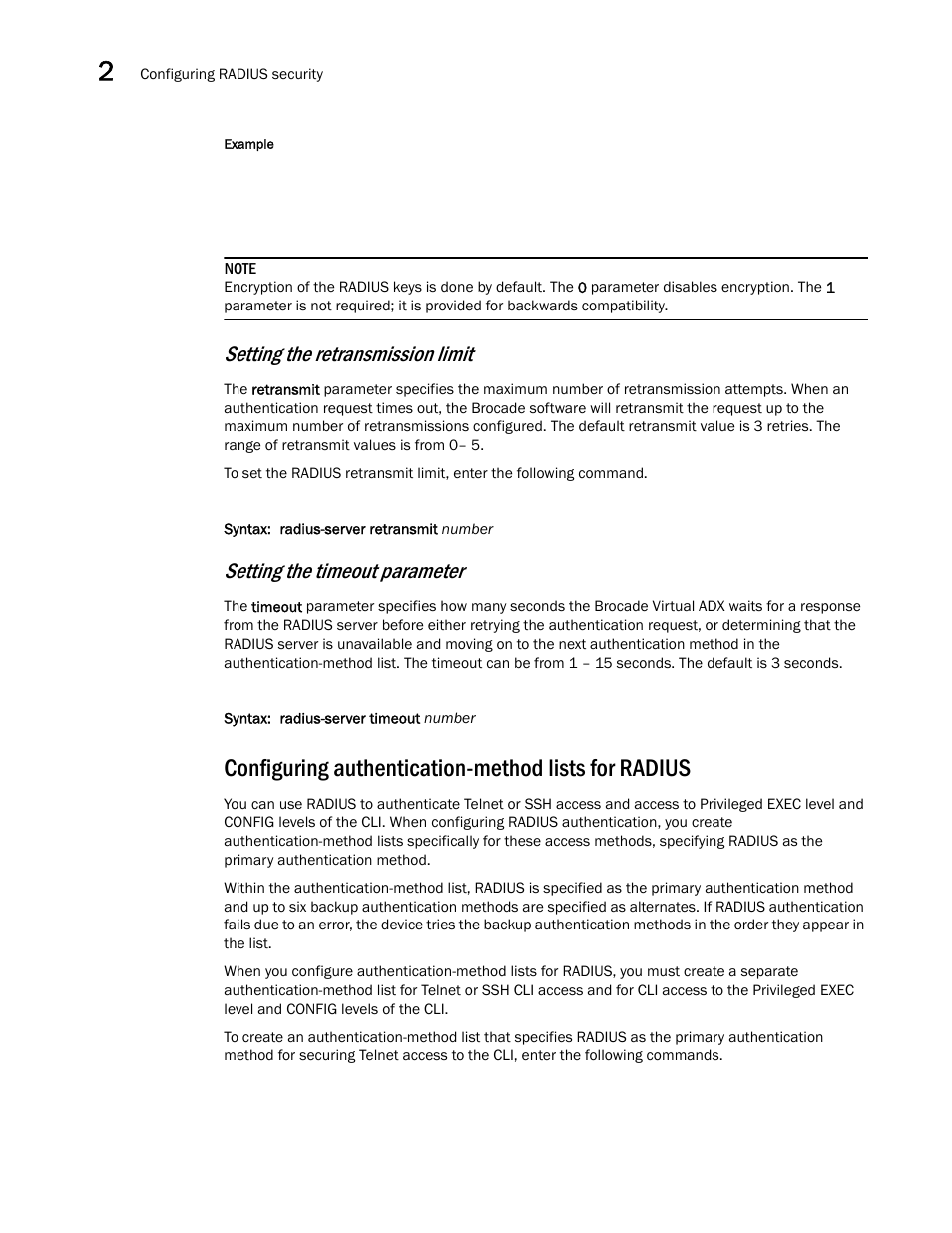 Configuring authentication-method lists for radius, Configuring authentication-method lists for, Radius | Setting the retransmission limit, Setting the timeout parameter | Brocade Virtual ADX Administration Guide (Supporting ADX v03.1.00) User Manual | Page 104 / 142