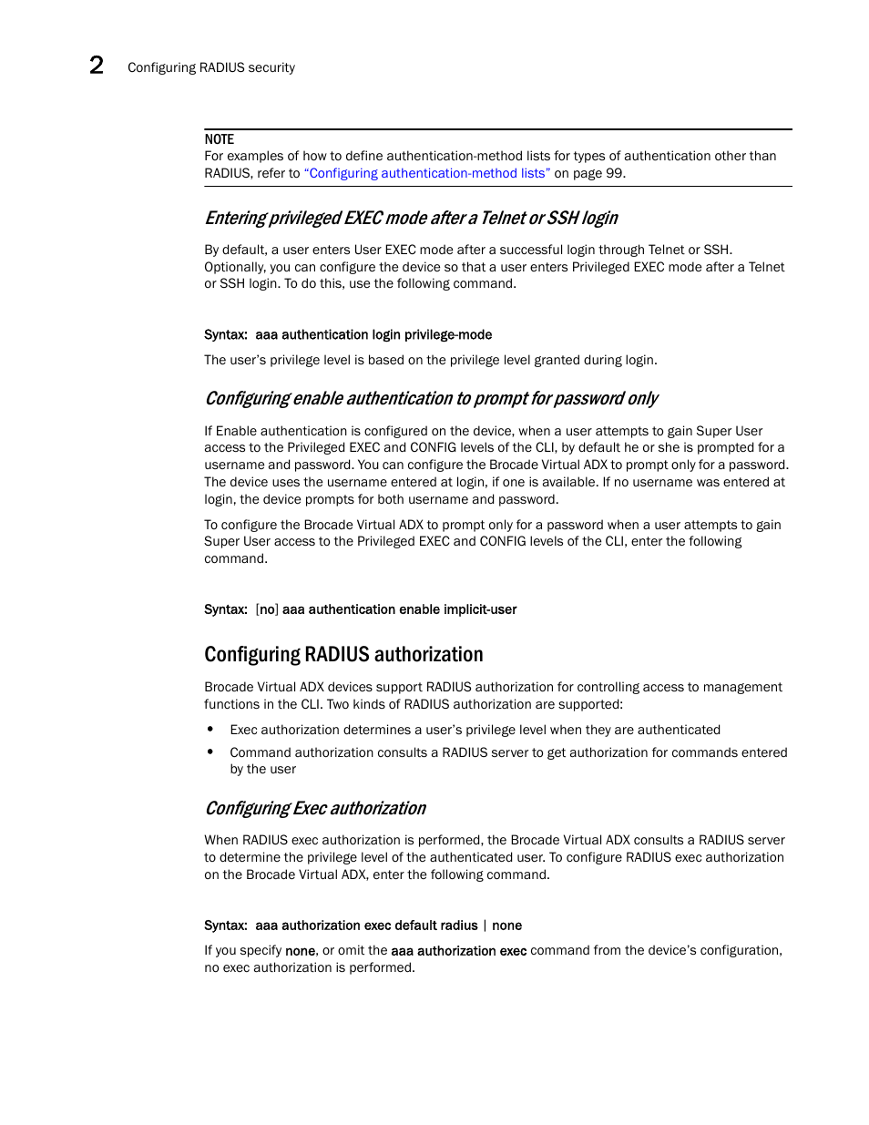 Configuring radius authorization, Configuring exec authorization | Brocade Virtual ADX Administration Guide (Supporting ADX v03.1.00) User Manual | Page 106 / 142