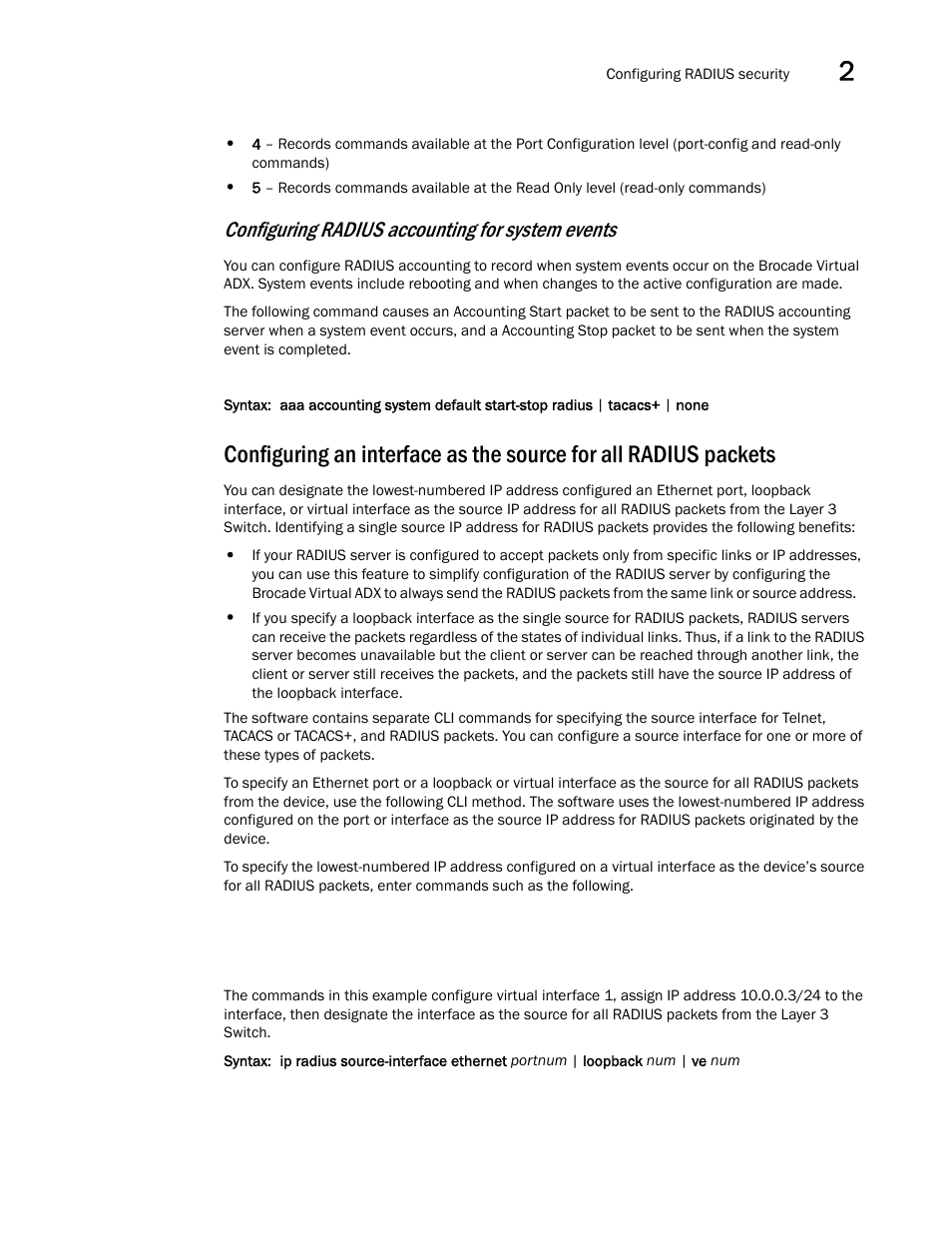 Configuring radius accounting for system events | Brocade Virtual ADX Administration Guide (Supporting ADX v03.1.00) User Manual | Page 109 / 142