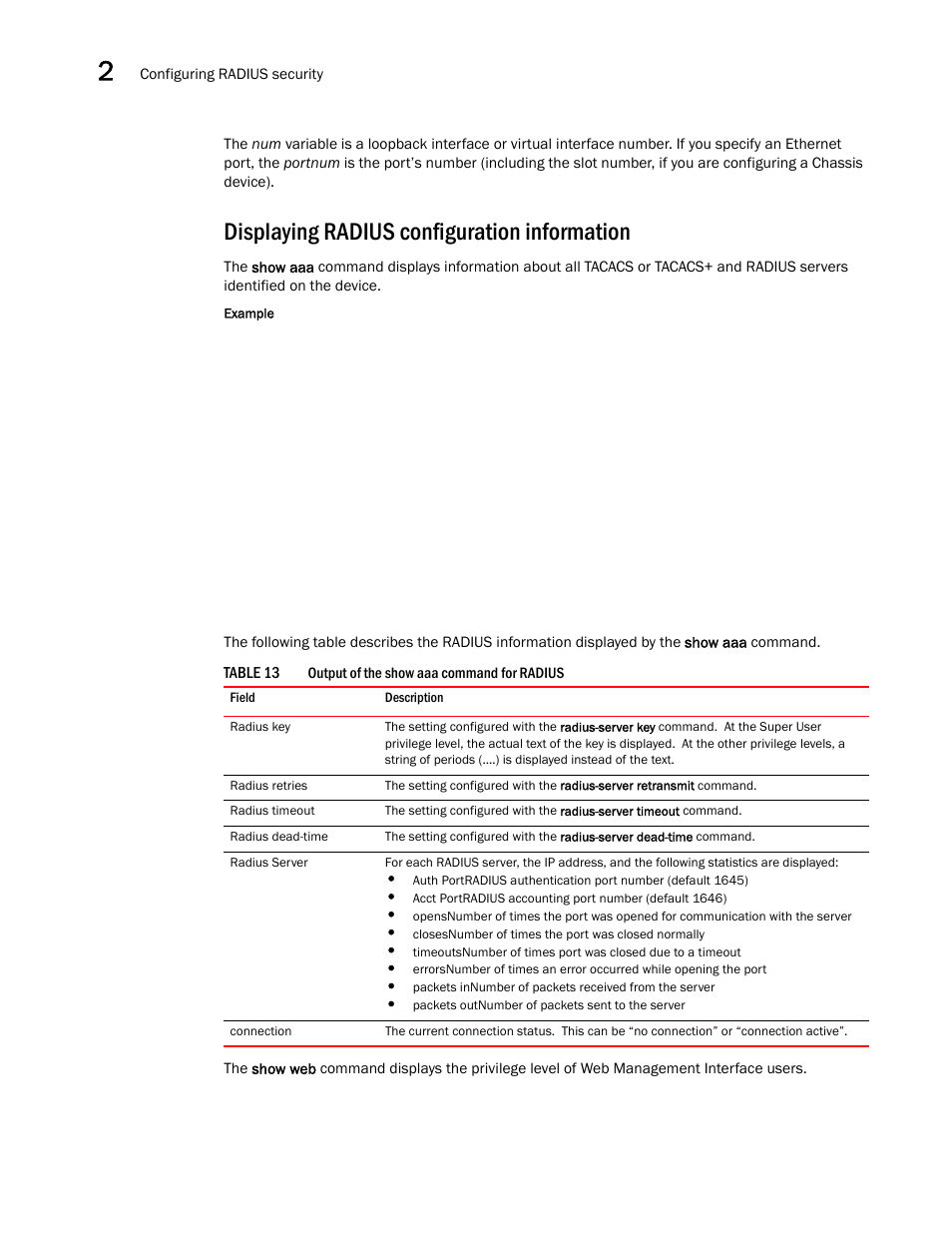 Displaying radius configuration information | Brocade Virtual ADX Administration Guide (Supporting ADX v03.1.00) User Manual | Page 110 / 142