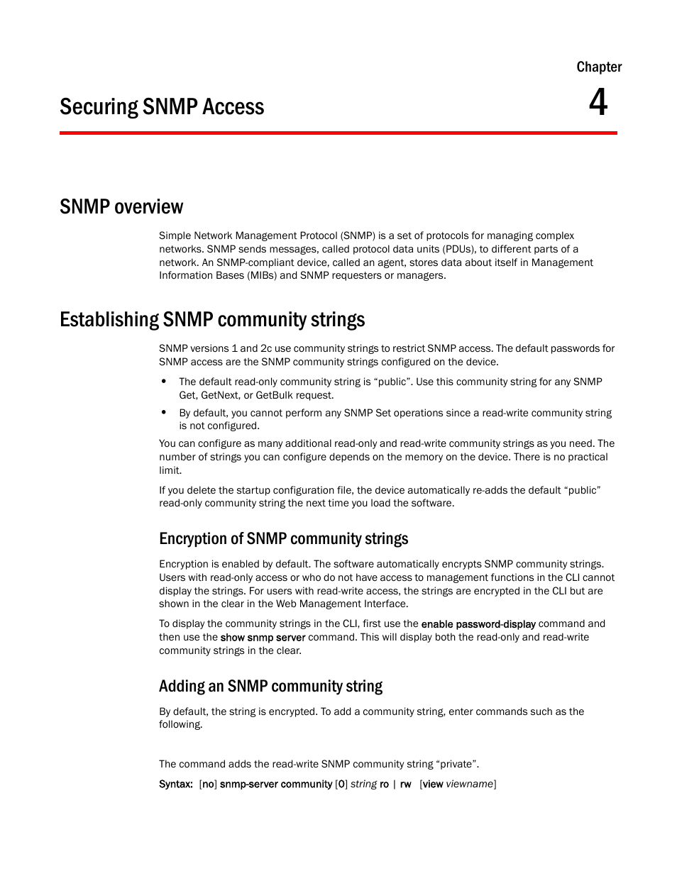 Securing snmp access, Snmp overview, Establishing snmp community strings | Encryption of snmp community strings, Adding an snmp community string, Chapter 4 | Brocade Virtual ADX Administration Guide (Supporting ADX v03.1.00) User Manual | Page 125 / 142