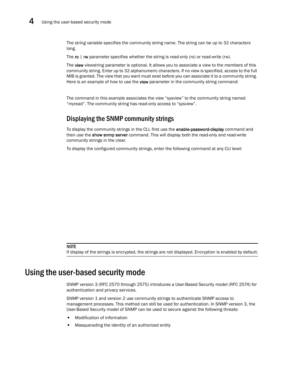 Displaying the snmp community strings, Using the user-based security mode | Brocade Virtual ADX Administration Guide (Supporting ADX v03.1.00) User Manual | Page 126 / 142