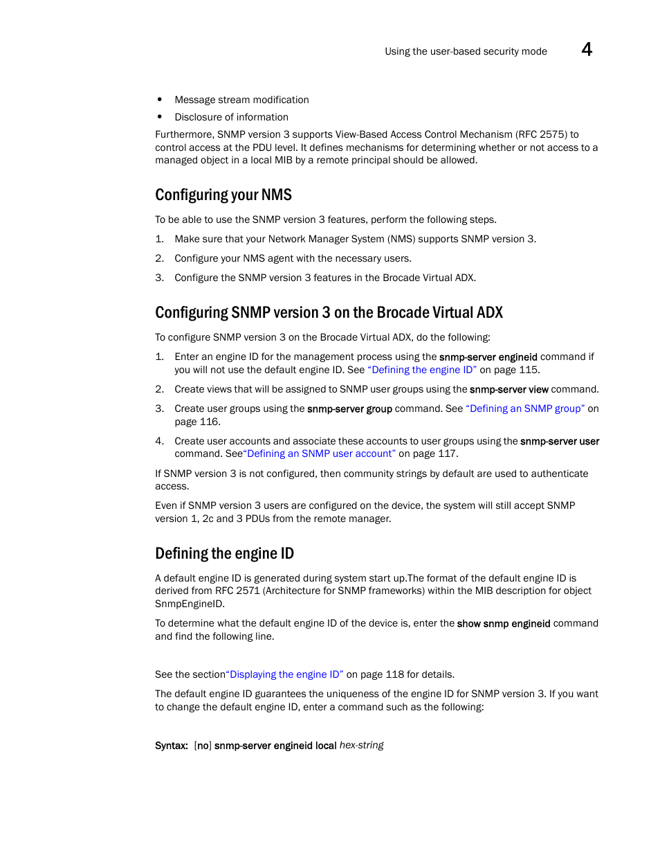 Configuring your nms, Defining the engine id | Brocade Virtual ADX Administration Guide (Supporting ADX v03.1.00) User Manual | Page 127 / 142