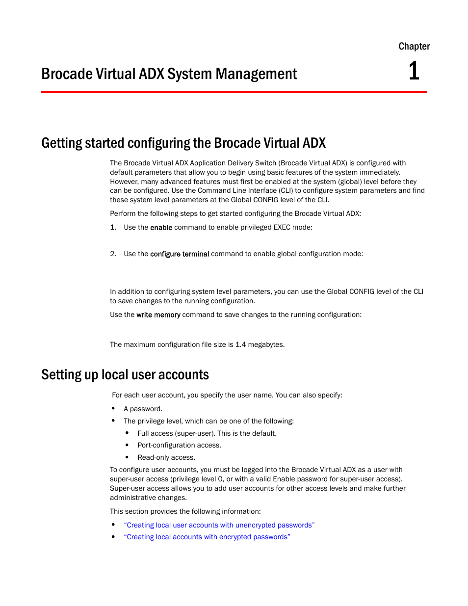 Brocade virtual adx system management, Setting up local user accounts, Chapter 1 | Brocade Virtual ADX Administration Guide (Supporting ADX v03.1.00) User Manual | Page 13 / 142