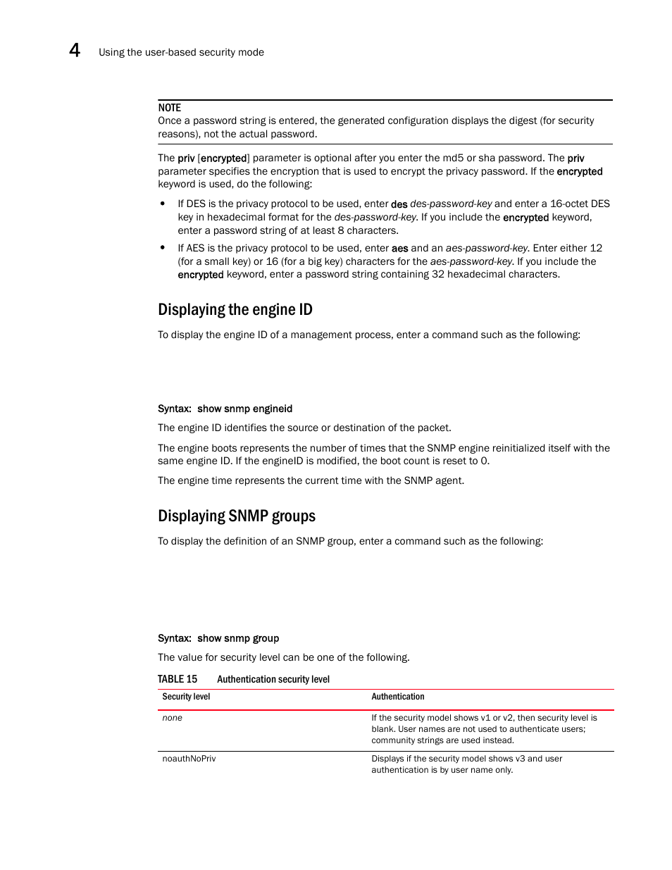 Displaying the engine id, Displaying snmp groups | Brocade Virtual ADX Administration Guide (Supporting ADX v03.1.00) User Manual | Page 130 / 142