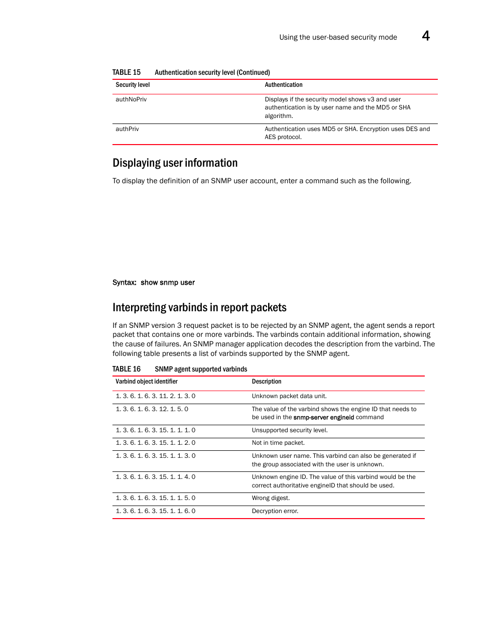 Displaying user information, Interpreting varbinds in report packets | Brocade Virtual ADX Administration Guide (Supporting ADX v03.1.00) User Manual | Page 131 / 142