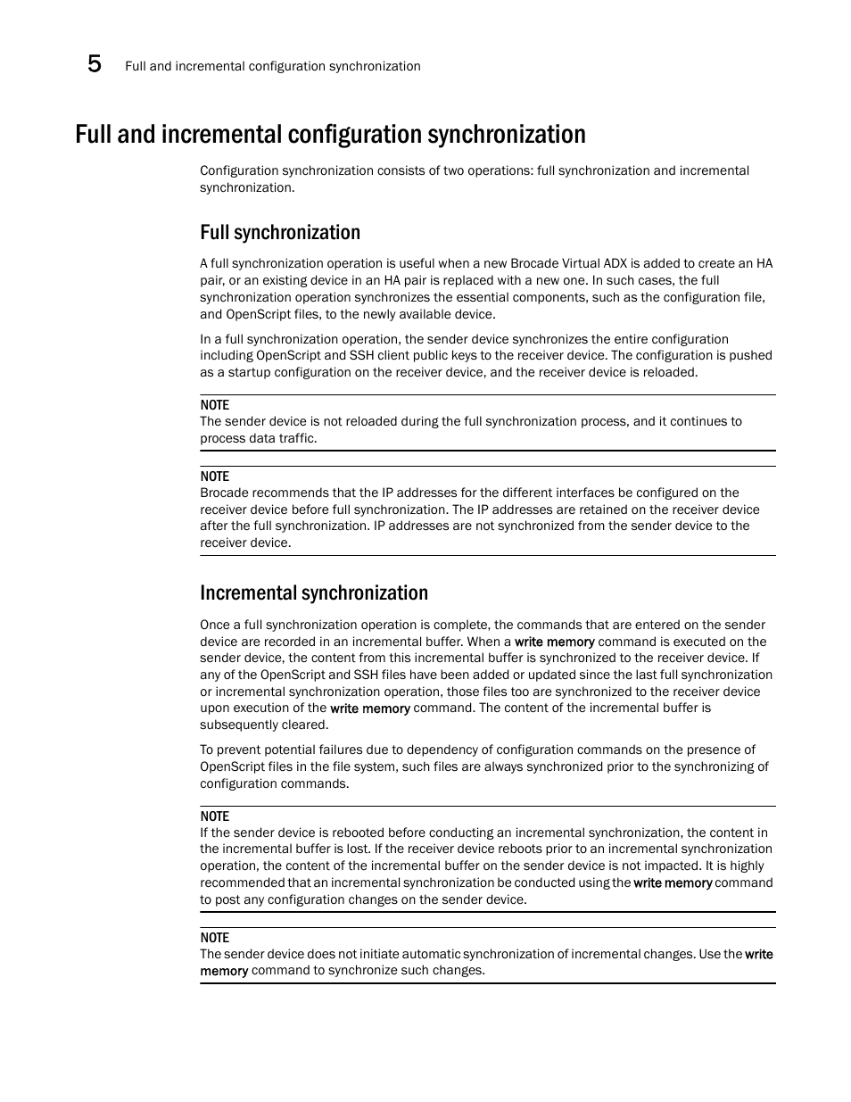 Full and incremental configuration synchronization, Full synchronization, Incremental synchronization | Brocade Virtual ADX Administration Guide (Supporting ADX v03.1.00) User Manual | Page 134 / 142