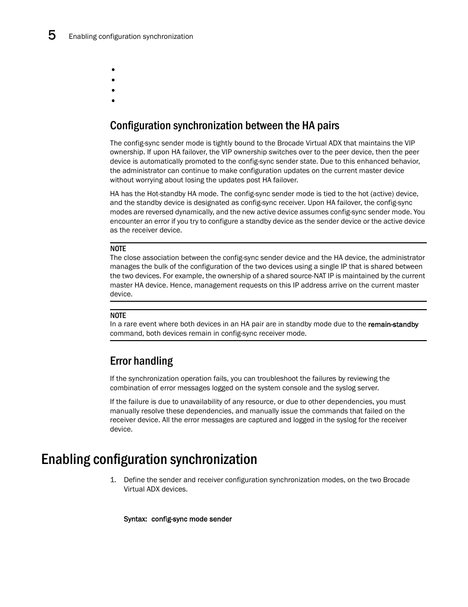 Configuration synchronization between the ha pairs, Error handling, Enabling configuration synchronization | Brocade Virtual ADX Administration Guide (Supporting ADX v03.1.00) User Manual | Page 136 / 142