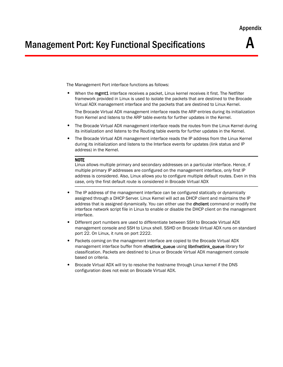 Management port: key functional specifications, Appendix a | Brocade Virtual ADX Administration Guide (Supporting ADX v03.1.00) User Manual | Page 141 / 142