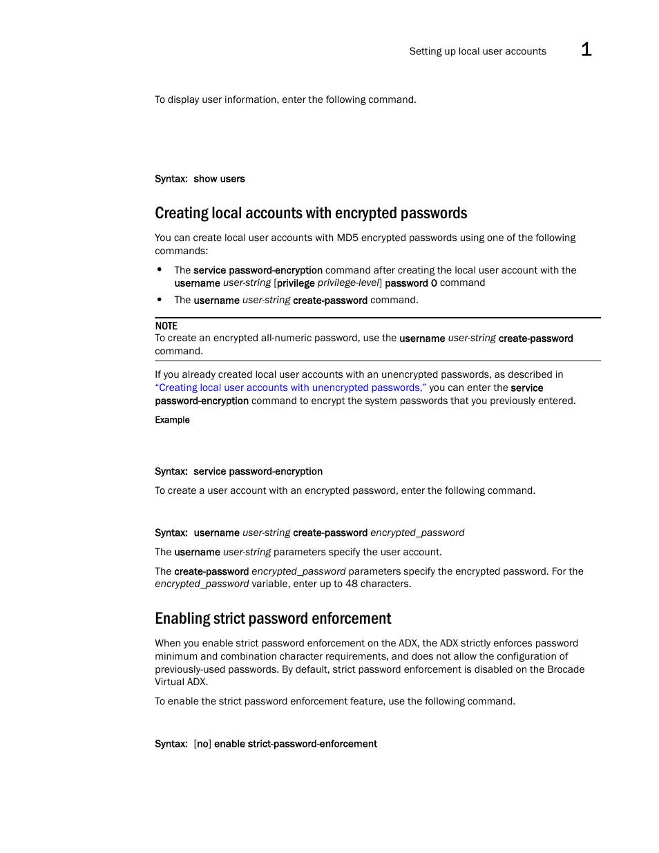 Creating local accounts with encrypted passwords, Enabling strict password enforcement, Enabling strict password | Enforcement | Brocade Virtual ADX Administration Guide (Supporting ADX v03.1.00) User Manual | Page 15 / 142