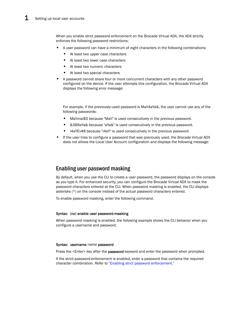 Enabling user password masking | Brocade Virtual ADX Administration Guide (Supporting ADX v03.1.00) User Manual | Page 16 / 142