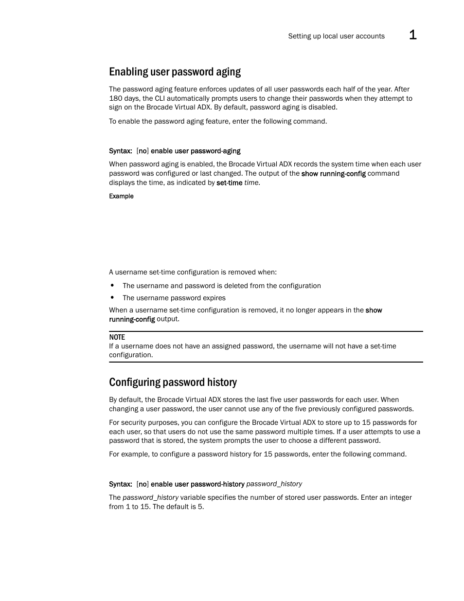 Enabling user password aging, Configuring password history | Brocade Virtual ADX Administration Guide (Supporting ADX v03.1.00) User Manual | Page 17 / 142