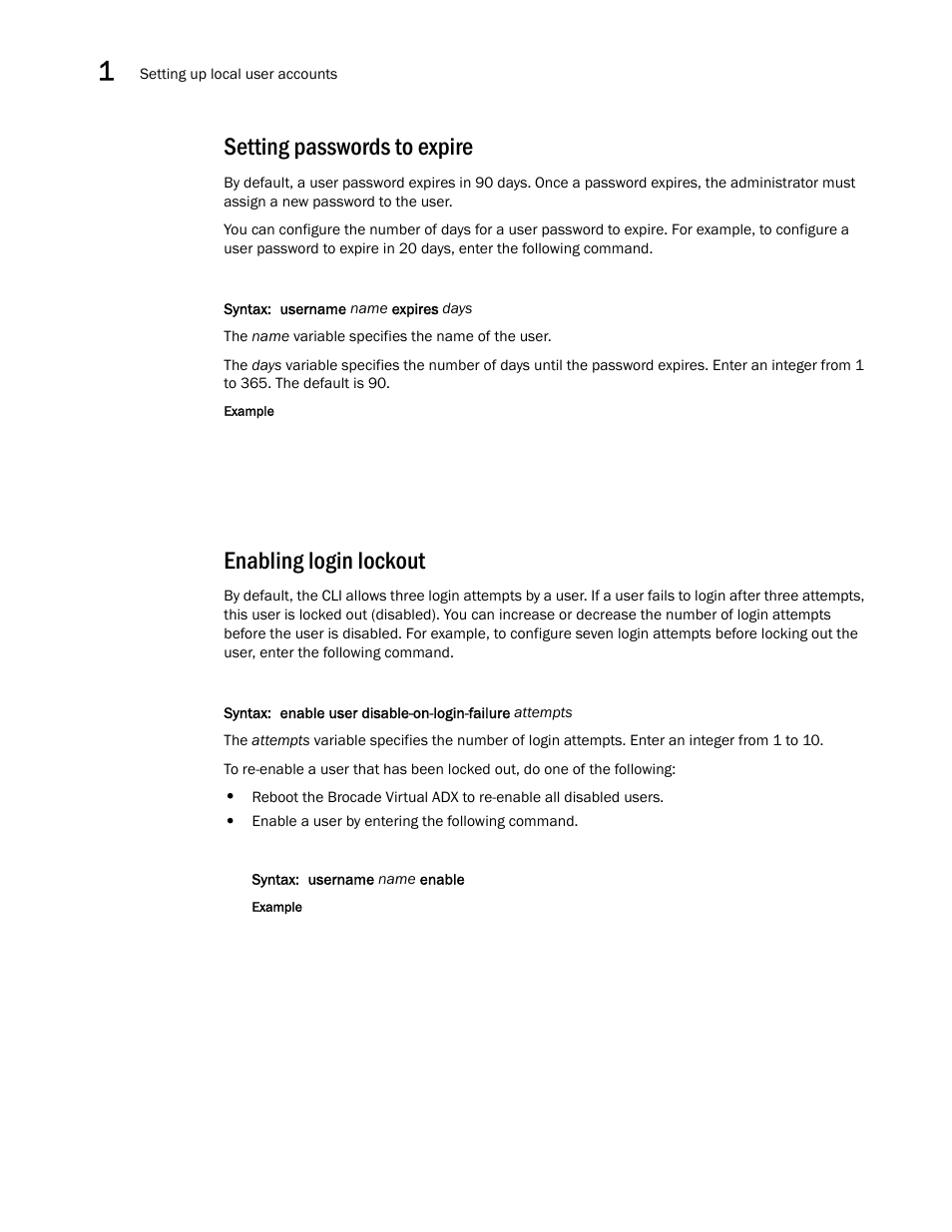 Setting passwords to expire, Enabling login lockout, Setting passwords to expire enabling login lockout | Brocade Virtual ADX Administration Guide (Supporting ADX v03.1.00) User Manual | Page 18 / 142