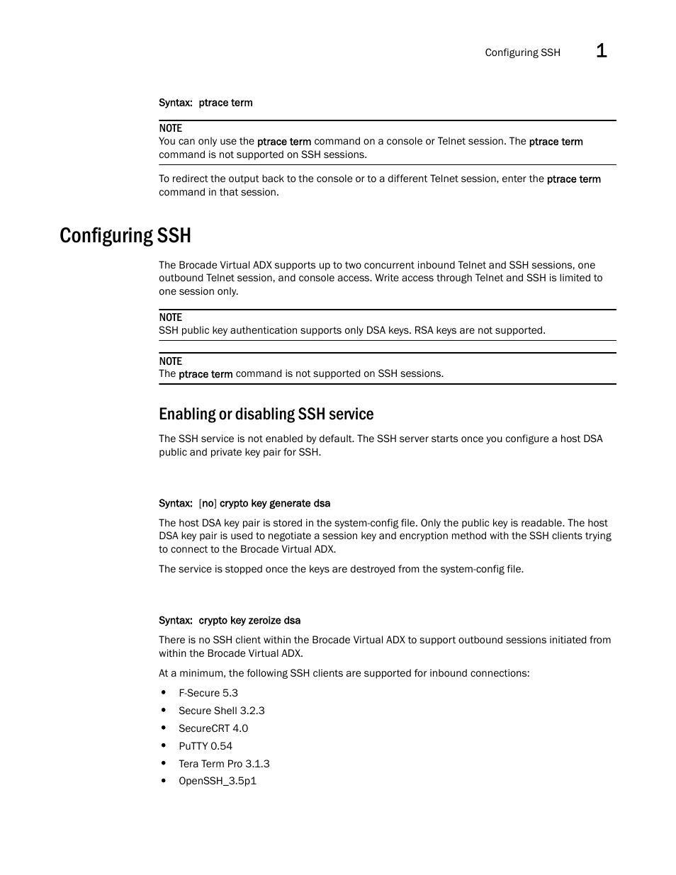 Configuring ssh, Enabling or disabling ssh service | Brocade Virtual ADX Administration Guide (Supporting ADX v03.1.00) User Manual | Page 21 / 142