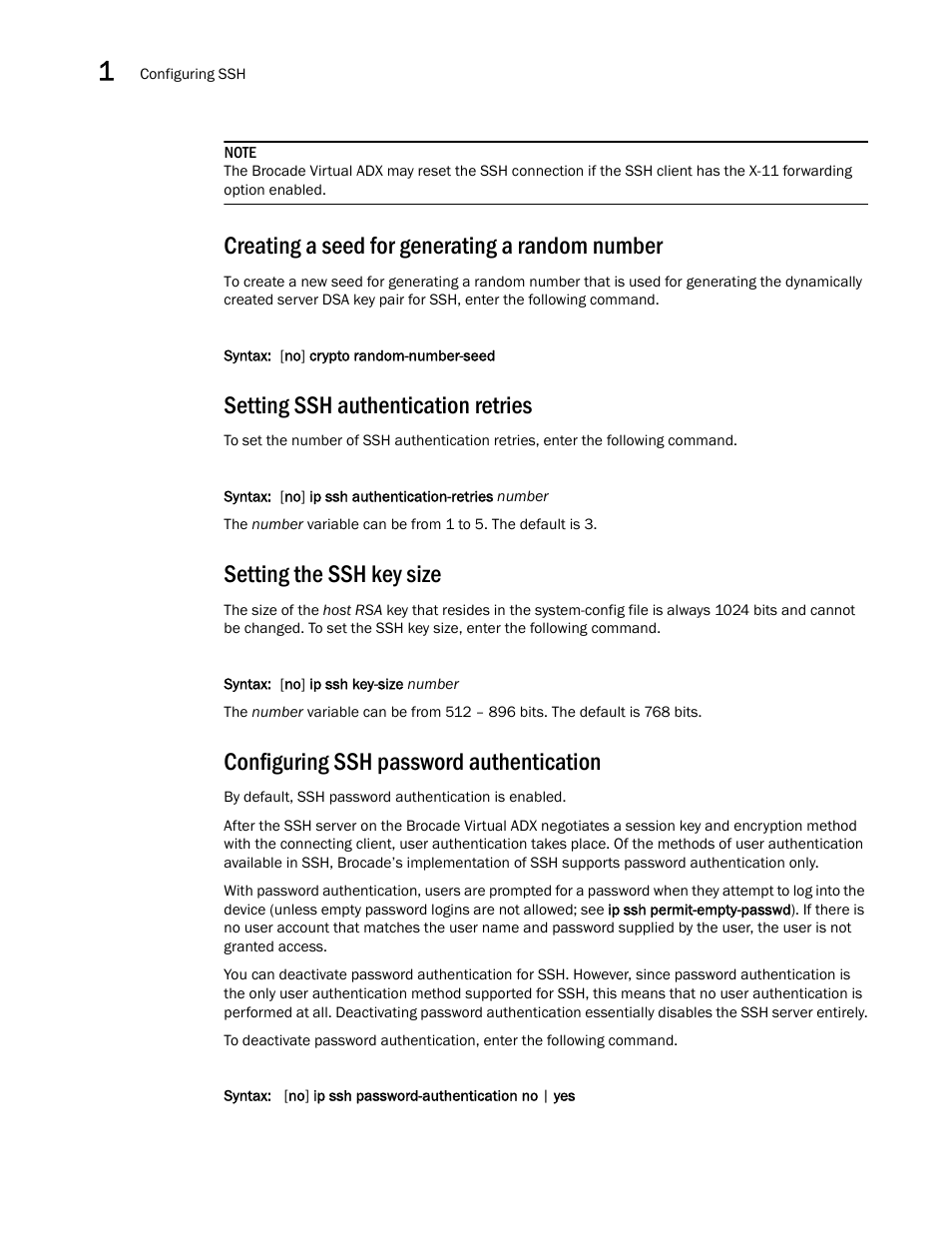 Creating a seed for generating a random number, Setting ssh authentication retries, Setting the ssh key size | Configuring ssh password authentication | Brocade Virtual ADX Administration Guide (Supporting ADX v03.1.00) User Manual | Page 22 / 142