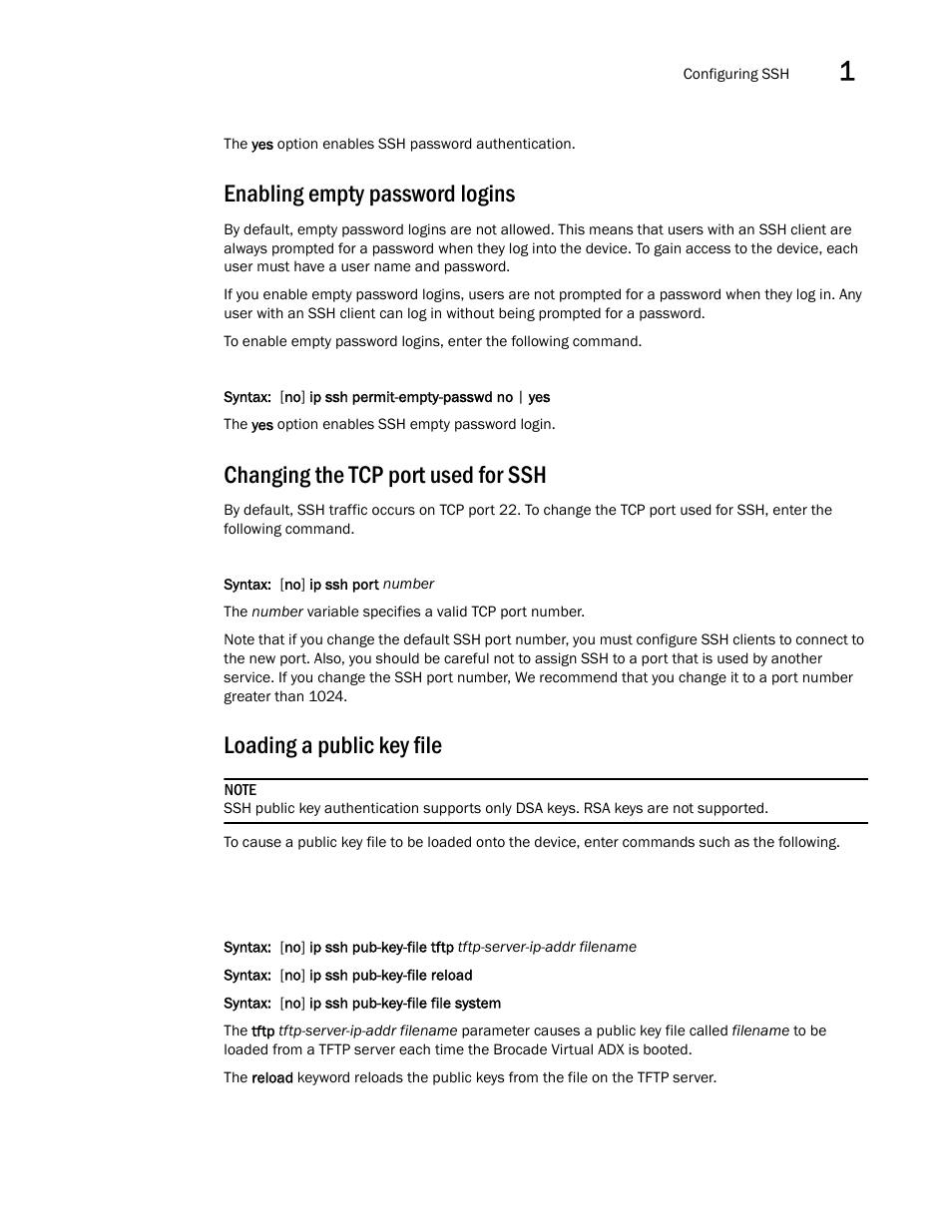 Enabling empty password logins, Changing the tcp port used for ssh, Loading a public key file | Brocade Virtual ADX Administration Guide (Supporting ADX v03.1.00) User Manual | Page 23 / 142