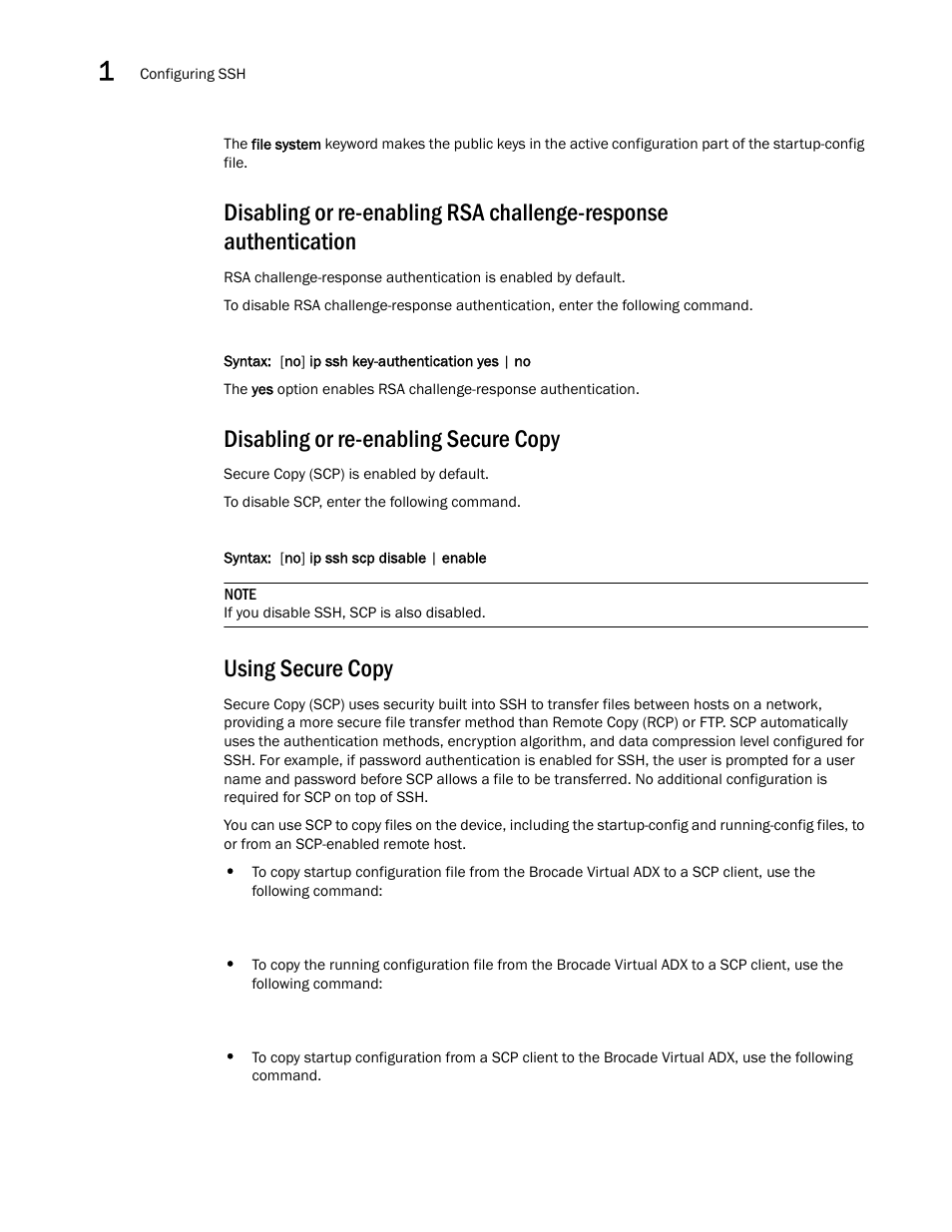 Disabling or re-enabling secure copy, Using secure copy | Brocade Virtual ADX Administration Guide (Supporting ADX v03.1.00) User Manual | Page 24 / 142