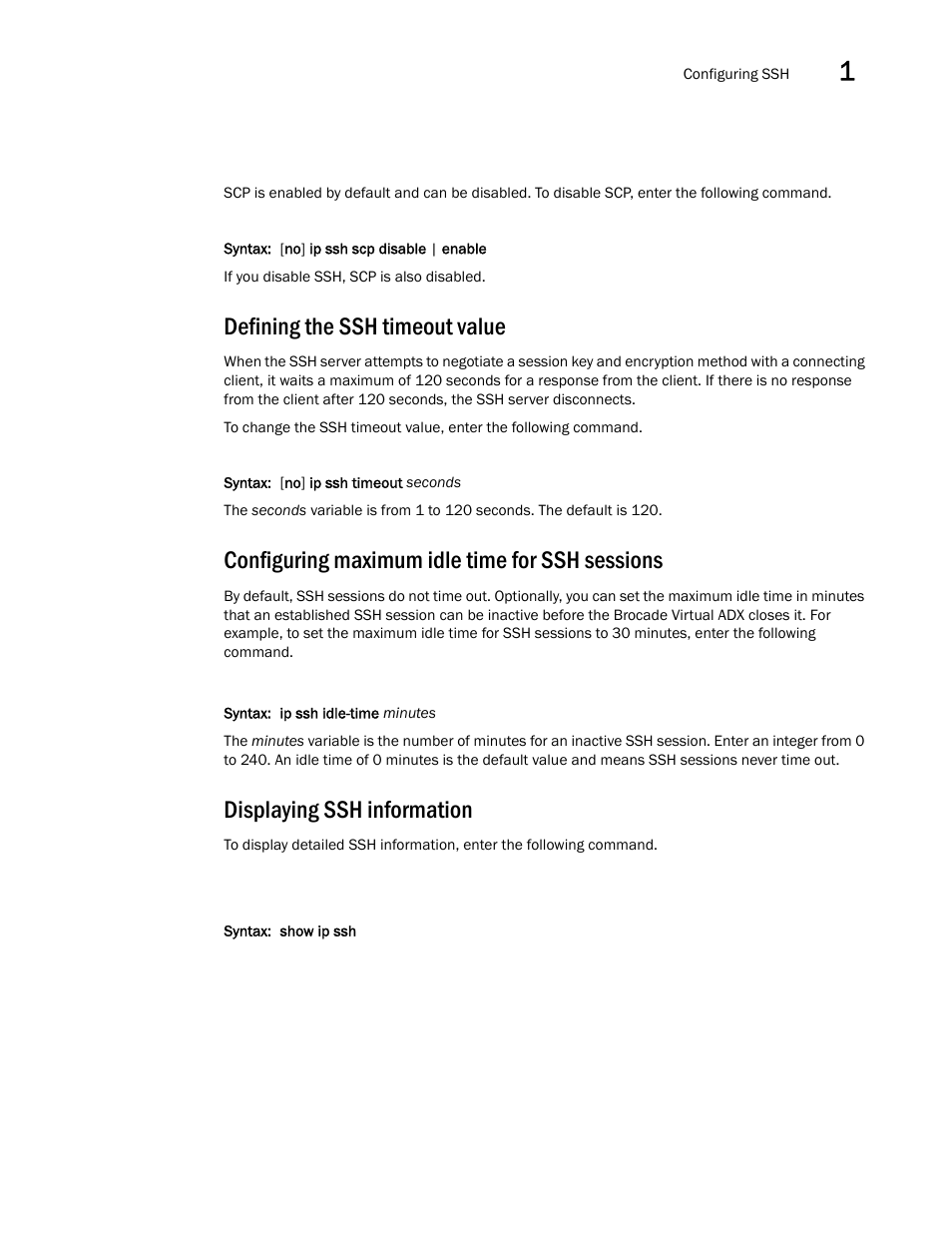 Defining the ssh timeout value, Configuring maximum idle time for ssh sessions, Displaying ssh information | Brocade Virtual ADX Administration Guide (Supporting ADX v03.1.00) User Manual | Page 25 / 142