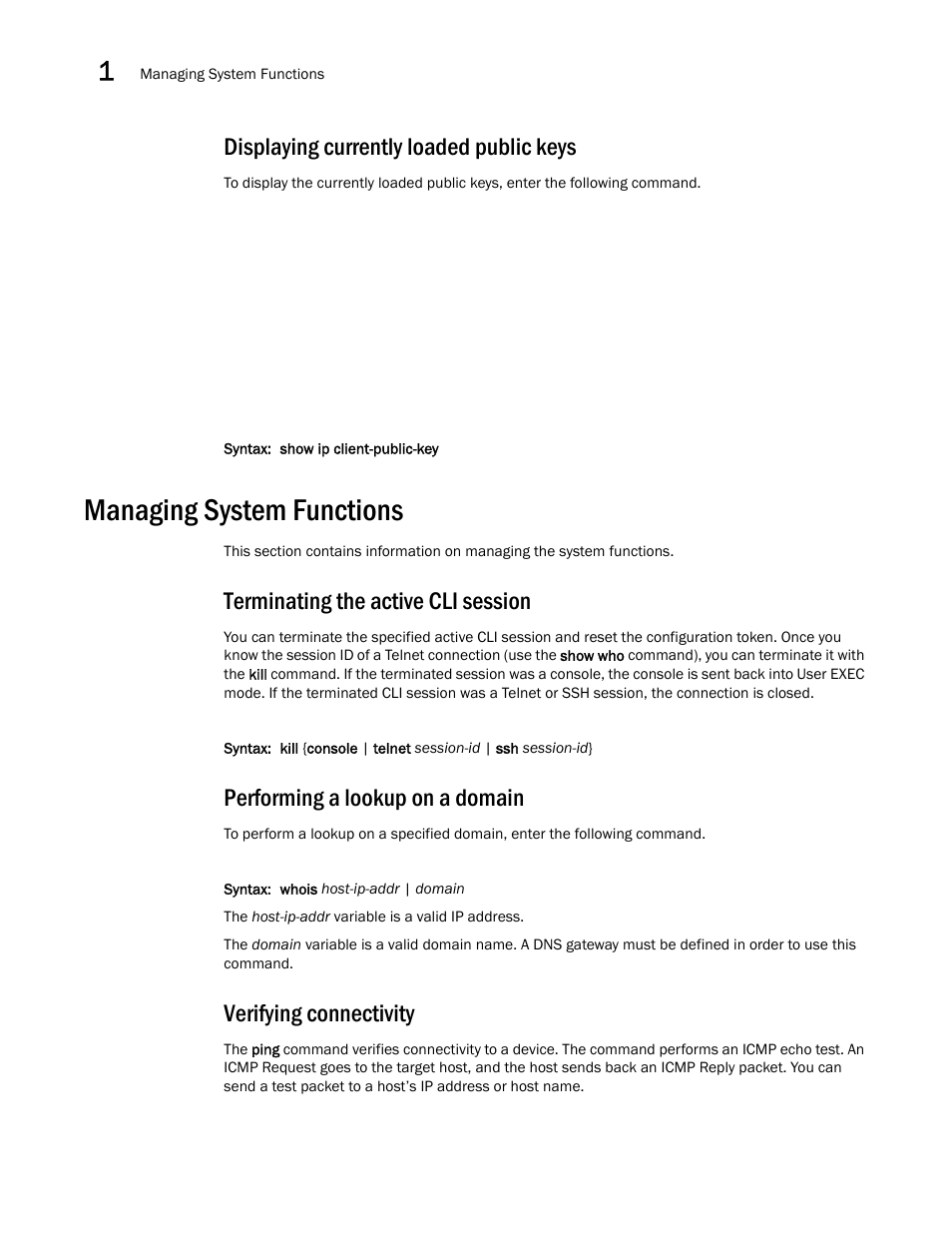 Displaying currently loaded public keys, Managing system functions, Terminating the active cli session | Performing a lookup on a domain, Verifying connectivity | Brocade Virtual ADX Administration Guide (Supporting ADX v03.1.00) User Manual | Page 26 / 142