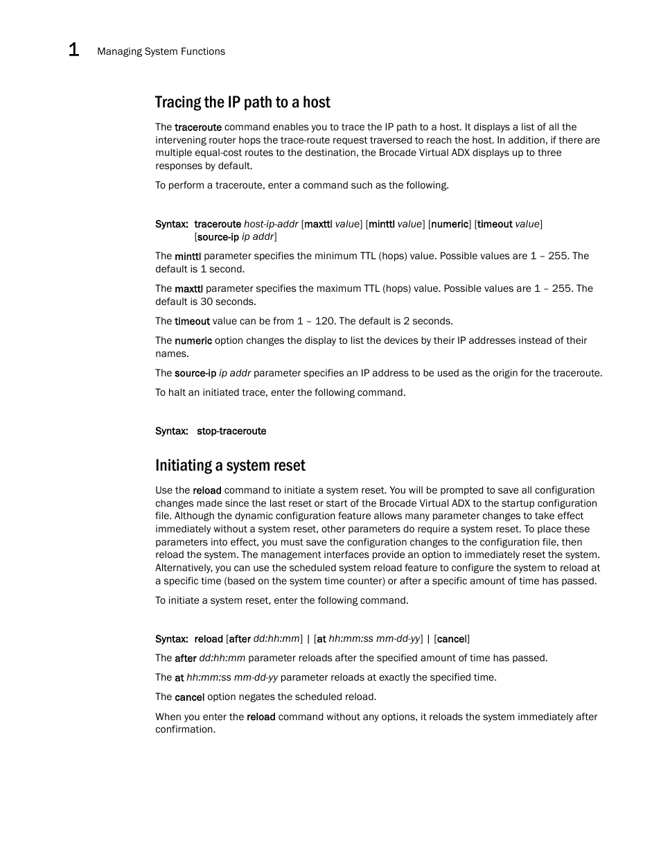 Tracing the ip path to a host, Initiating a system reset | Brocade Virtual ADX Administration Guide (Supporting ADX v03.1.00) User Manual | Page 28 / 142