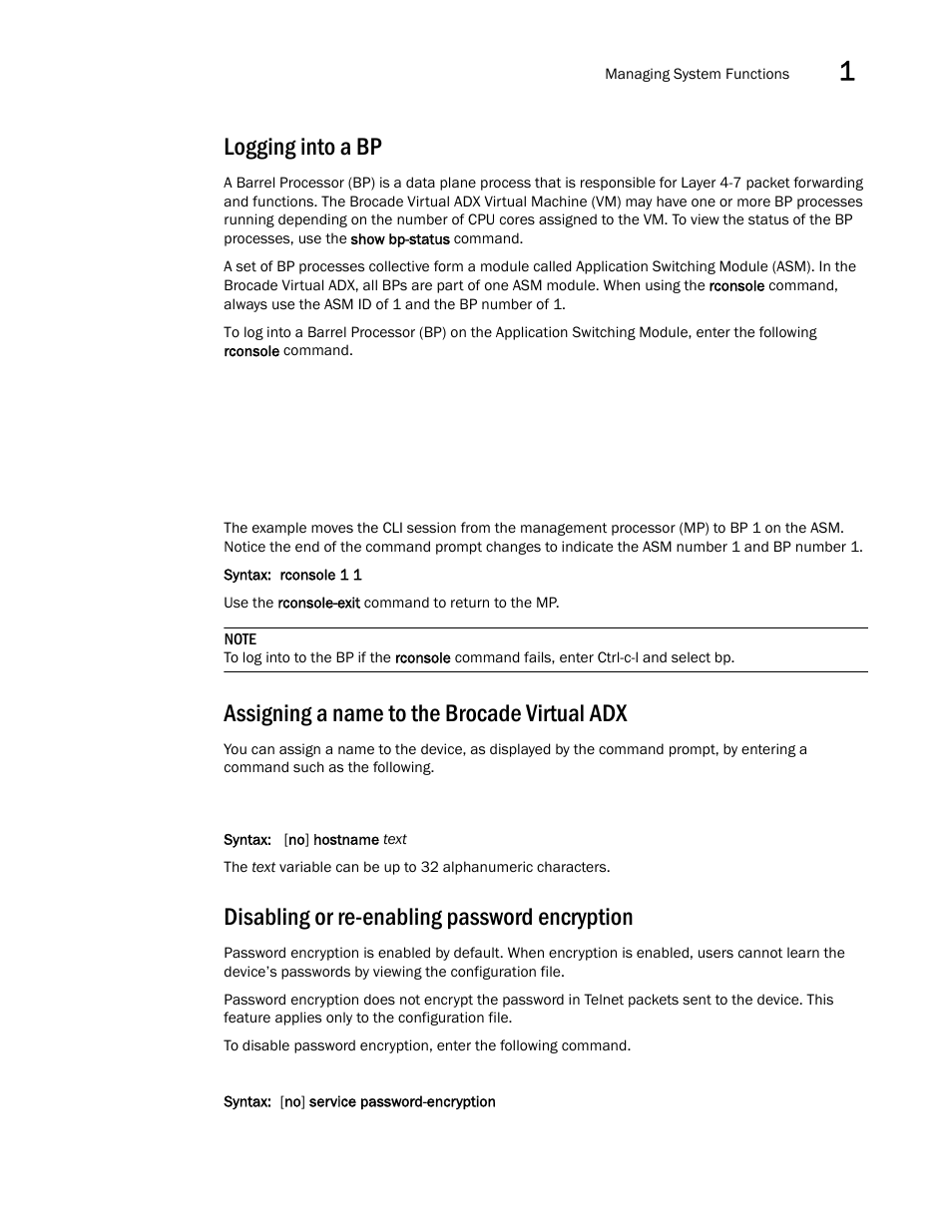 Logging into a bp, Assigning a name to the brocade virtual adx, Disabling or re-enabling password encryption | Brocade Virtual ADX Administration Guide (Supporting ADX v03.1.00) User Manual | Page 29 / 142