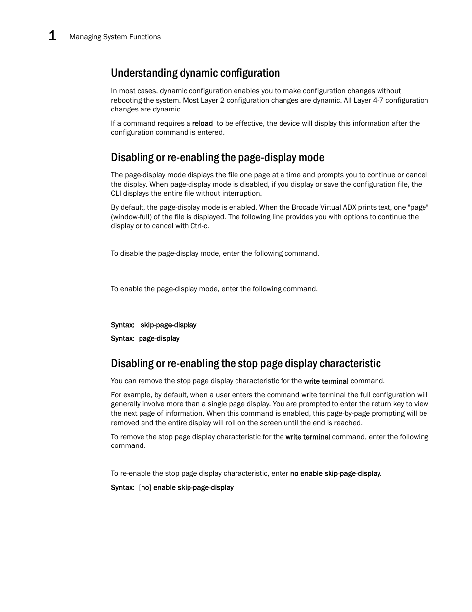 Understanding dynamic configuration, Disabling or re-enabling the page-display mode | Brocade Virtual ADX Administration Guide (Supporting ADX v03.1.00) User Manual | Page 30 / 142