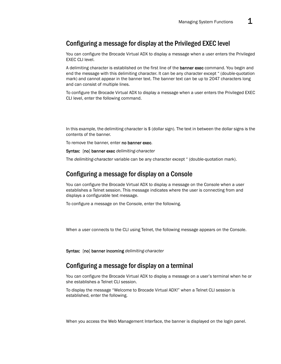 Configuring a message for display on a console, Configuring a message for display on a terminal | Brocade Virtual ADX Administration Guide (Supporting ADX v03.1.00) User Manual | Page 31 / 142