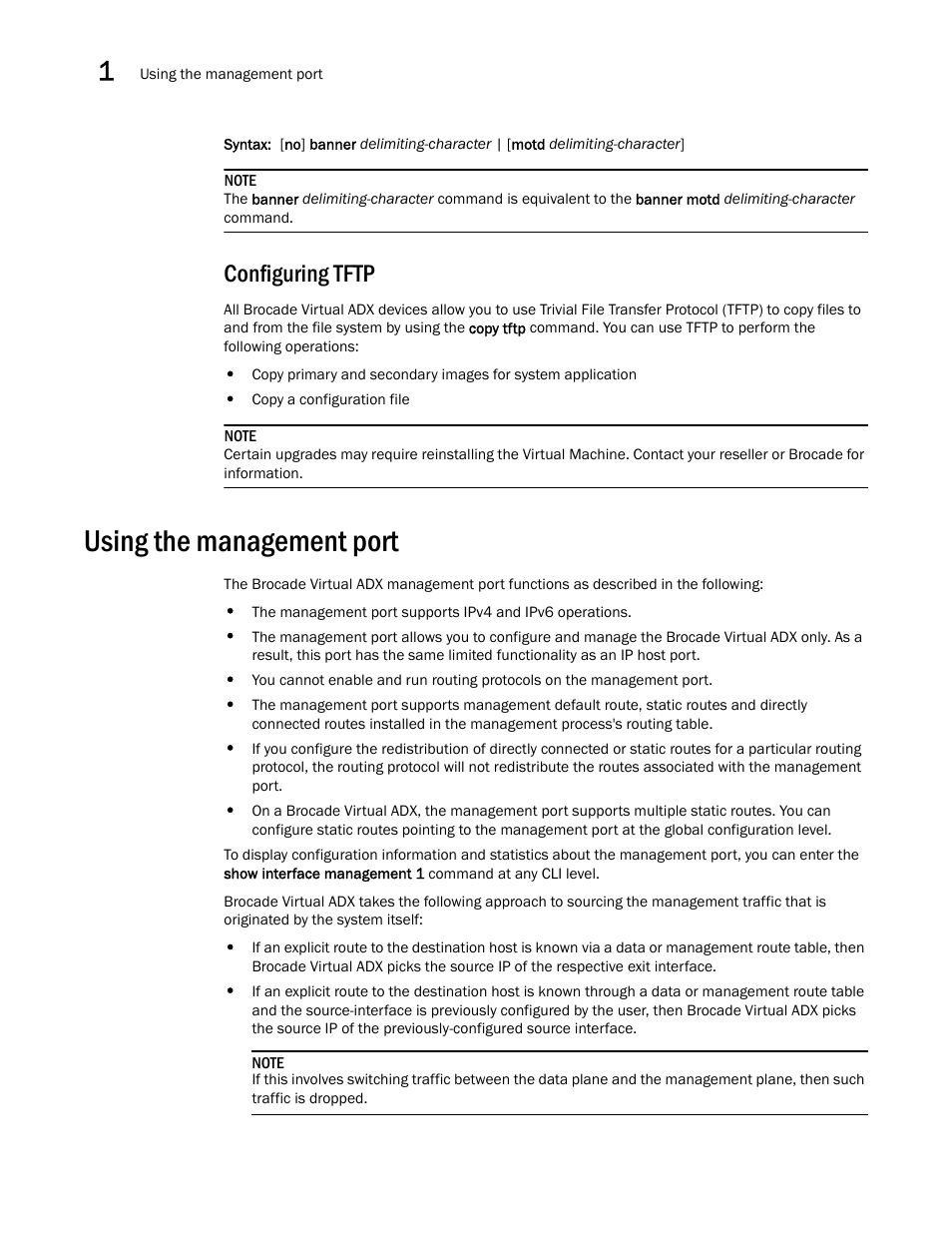 Configuring tftp, Using the management port | Brocade Virtual ADX Administration Guide (Supporting ADX v03.1.00) User Manual | Page 32 / 142