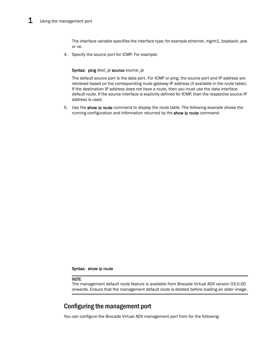 Configuring the management port | Brocade Virtual ADX Administration Guide (Supporting ADX v03.1.00) User Manual | Page 34 / 142