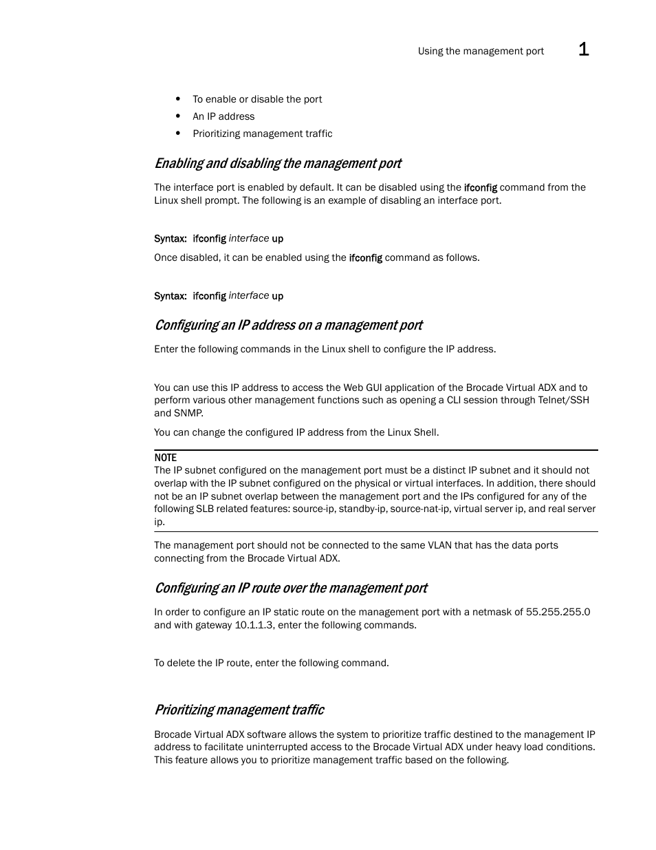 Enabling and disabling the management port, Configuring an ip address on a management port, Configuring an ip route over the management port | Prioritizing management traffic | Brocade Virtual ADX Administration Guide (Supporting ADX v03.1.00) User Manual | Page 35 / 142