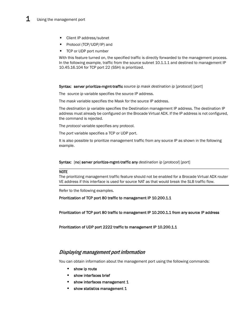 Displaying management port information | Brocade Virtual ADX Administration Guide (Supporting ADX v03.1.00) User Manual | Page 36 / 142