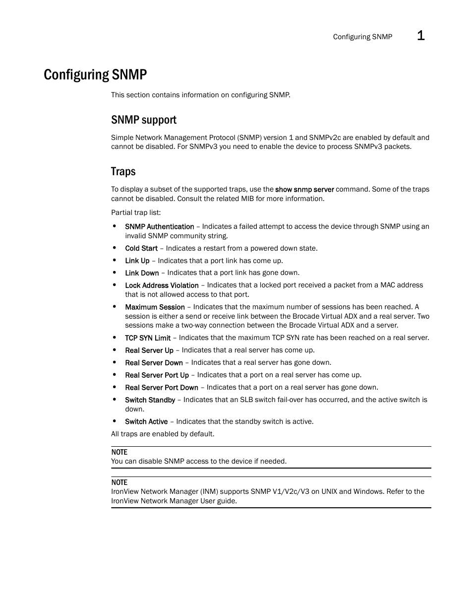 Configuring snmp, Snmp support, Traps | Brocade Virtual ADX Administration Guide (Supporting ADX v03.1.00) User Manual | Page 41 / 142