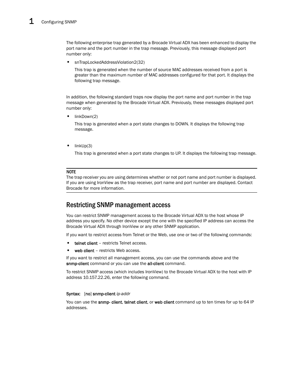 Restricting snmp management access | Brocade Virtual ADX Administration Guide (Supporting ADX v03.1.00) User Manual | Page 42 / 142