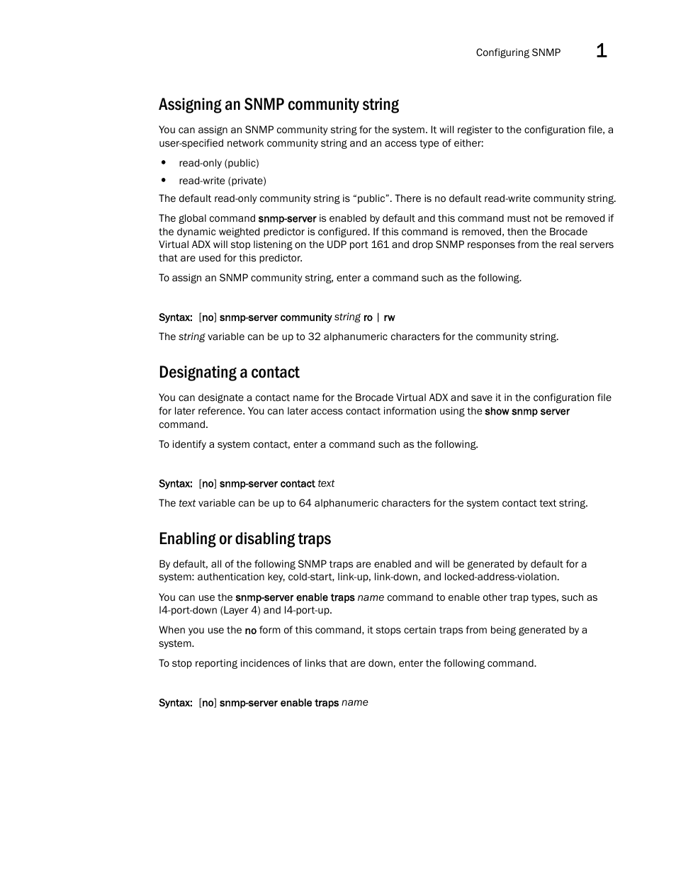 Assigning an snmp community string, Designating a contact, Enabling or disabling traps | Brocade Virtual ADX Administration Guide (Supporting ADX v03.1.00) User Manual | Page 43 / 142