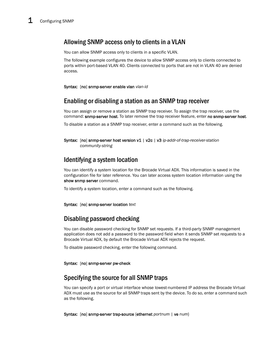 Allowing snmp access only to clients in a vlan, Identifying a system location, Disabling password checking | Specifying the source for all snmp traps | Brocade Virtual ADX Administration Guide (Supporting ADX v03.1.00) User Manual | Page 44 / 142