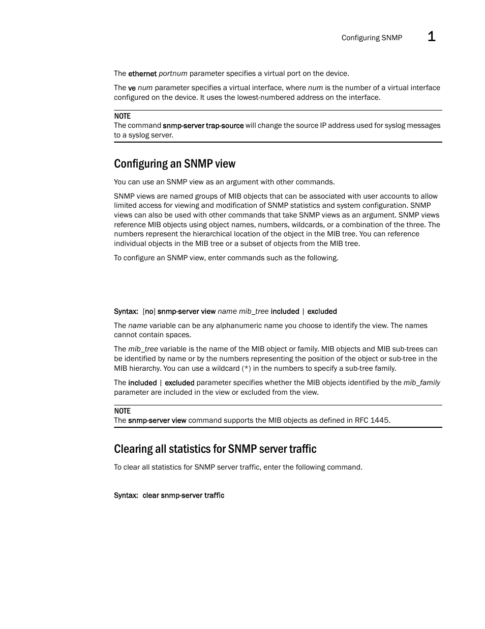 Configuring an snmp view, Clearing all statistics for snmp server traffic | Brocade Virtual ADX Administration Guide (Supporting ADX v03.1.00) User Manual | Page 45 / 142