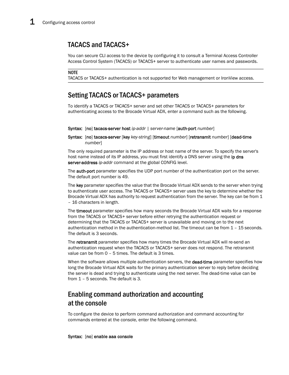 Tacacs and tacacs, Setting tacacs or tacacs+ parameters | Brocade Virtual ADX Administration Guide (Supporting ADX v03.1.00) User Manual | Page 48 / 142