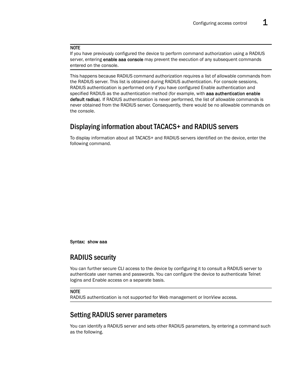 Radius security, Setting radius server parameters | Brocade Virtual ADX Administration Guide (Supporting ADX v03.1.00) User Manual | Page 49 / 142