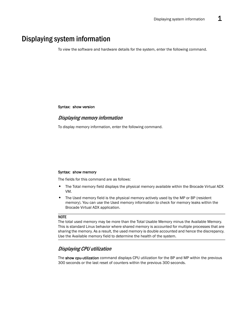 Displaying system information, Displaying cpu utilization | Brocade Virtual ADX Administration Guide (Supporting ADX v03.1.00) User Manual | Page 51 / 142