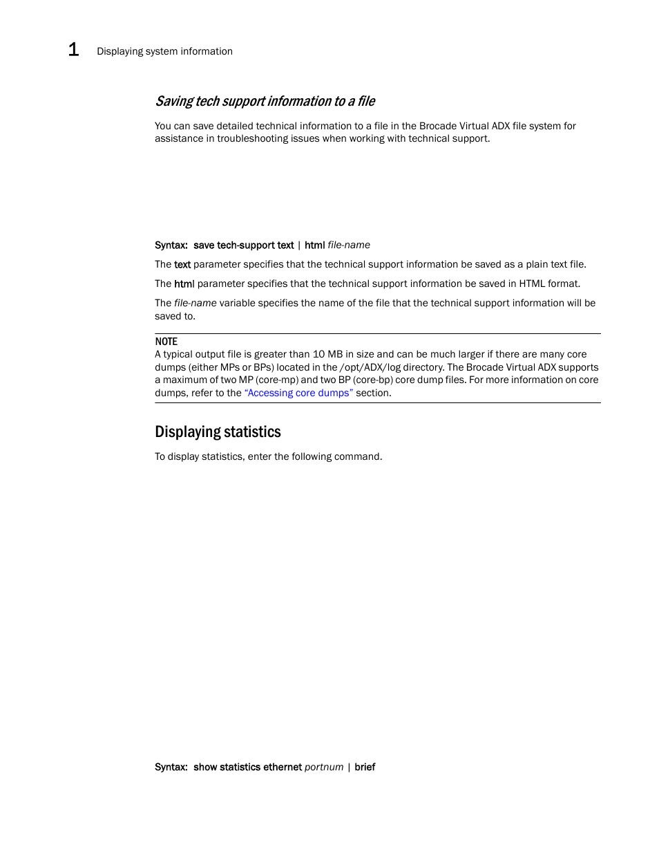 Displaying statistics, Saving tech support information to a file | Brocade Virtual ADX Administration Guide (Supporting ADX v03.1.00) User Manual | Page 54 / 142