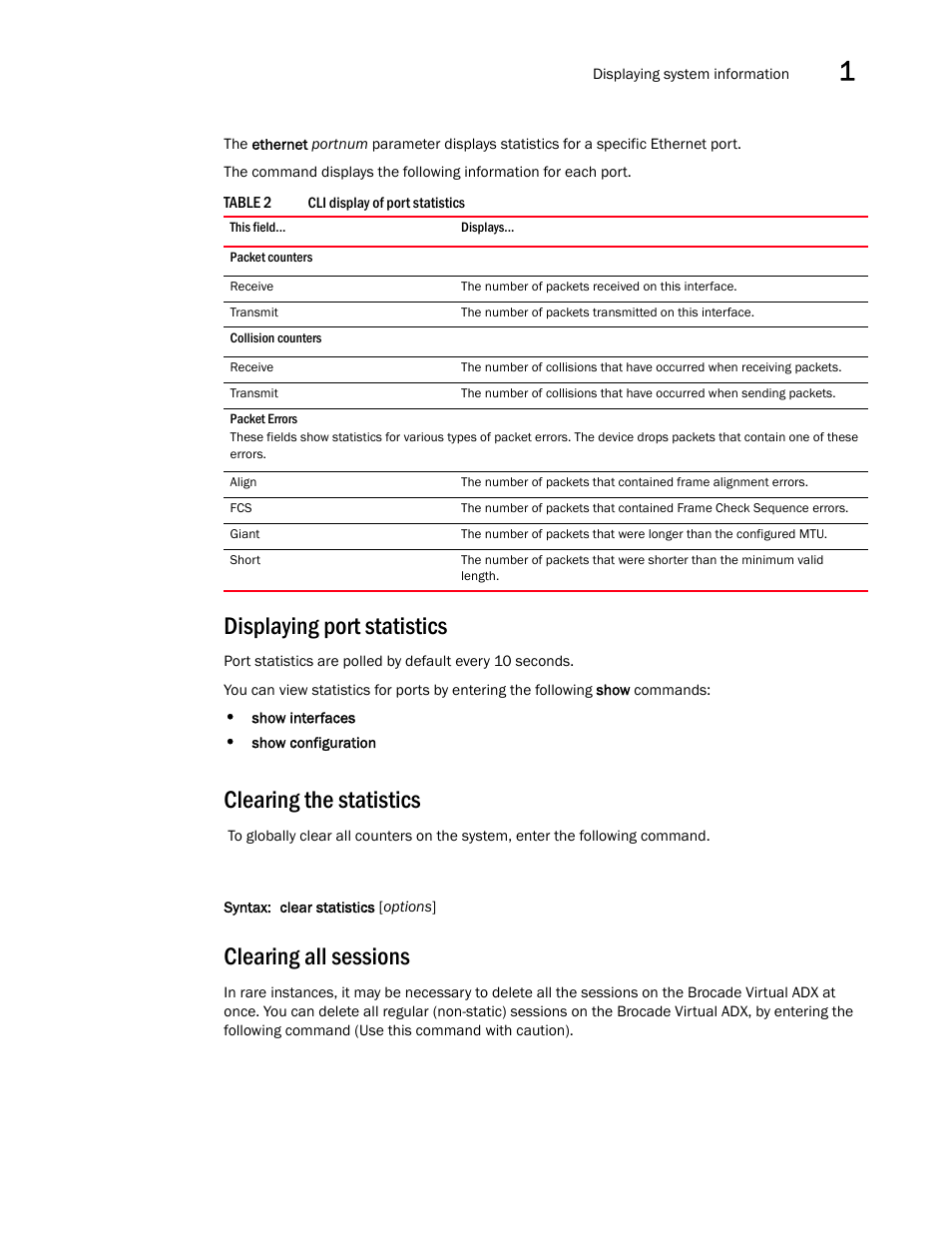 Displaying port statistics, Clearing the statistics, Clearing all sessions | Brocade Virtual ADX Administration Guide (Supporting ADX v03.1.00) User Manual | Page 55 / 142