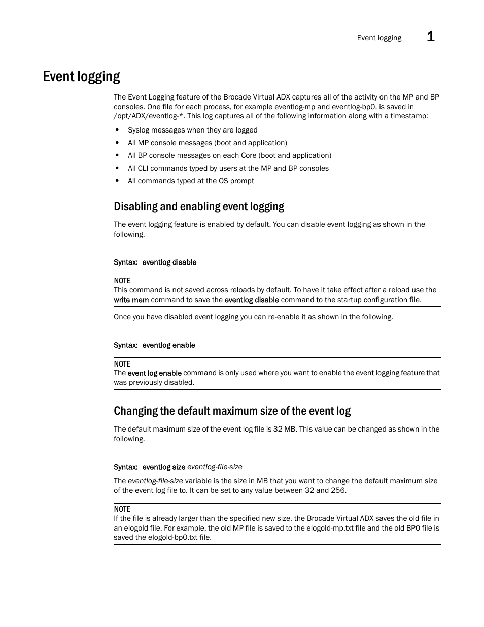 Event logging, Disabling and enabling event logging, Changing the default maximum size of the event log | Brocade Virtual ADX Administration Guide (Supporting ADX v03.1.00) User Manual | Page 65 / 142