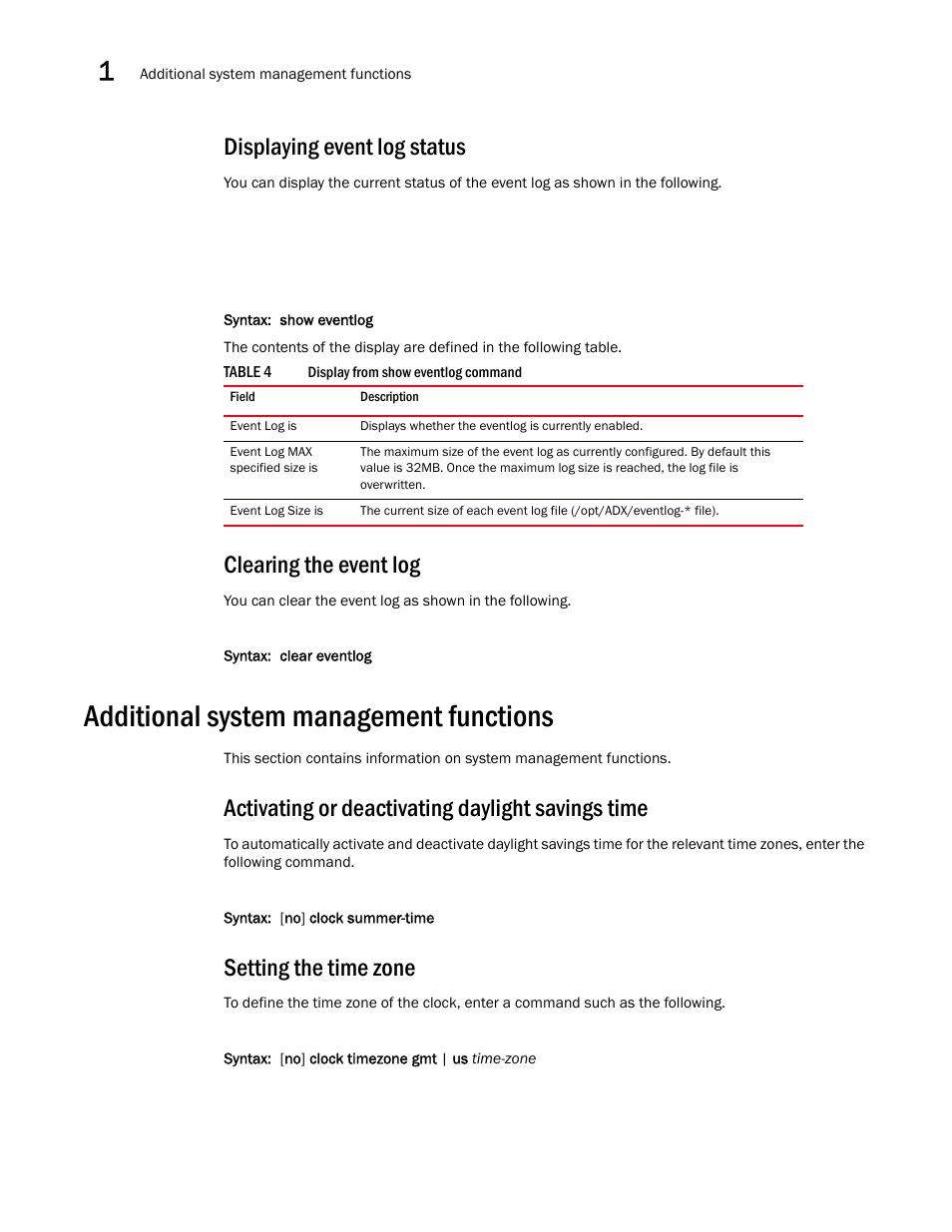 Displaying event log status, Clearing the event log, Additional system management functions | Activating or deactivating daylight savings time, Setting the time zone | Brocade Virtual ADX Administration Guide (Supporting ADX v03.1.00) User Manual | Page 66 / 142