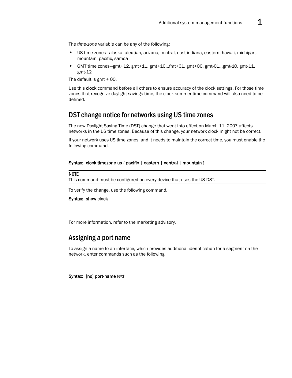 Dst change notice for networks using us time zones, Assigning a port name | Brocade Virtual ADX Administration Guide (Supporting ADX v03.1.00) User Manual | Page 67 / 142