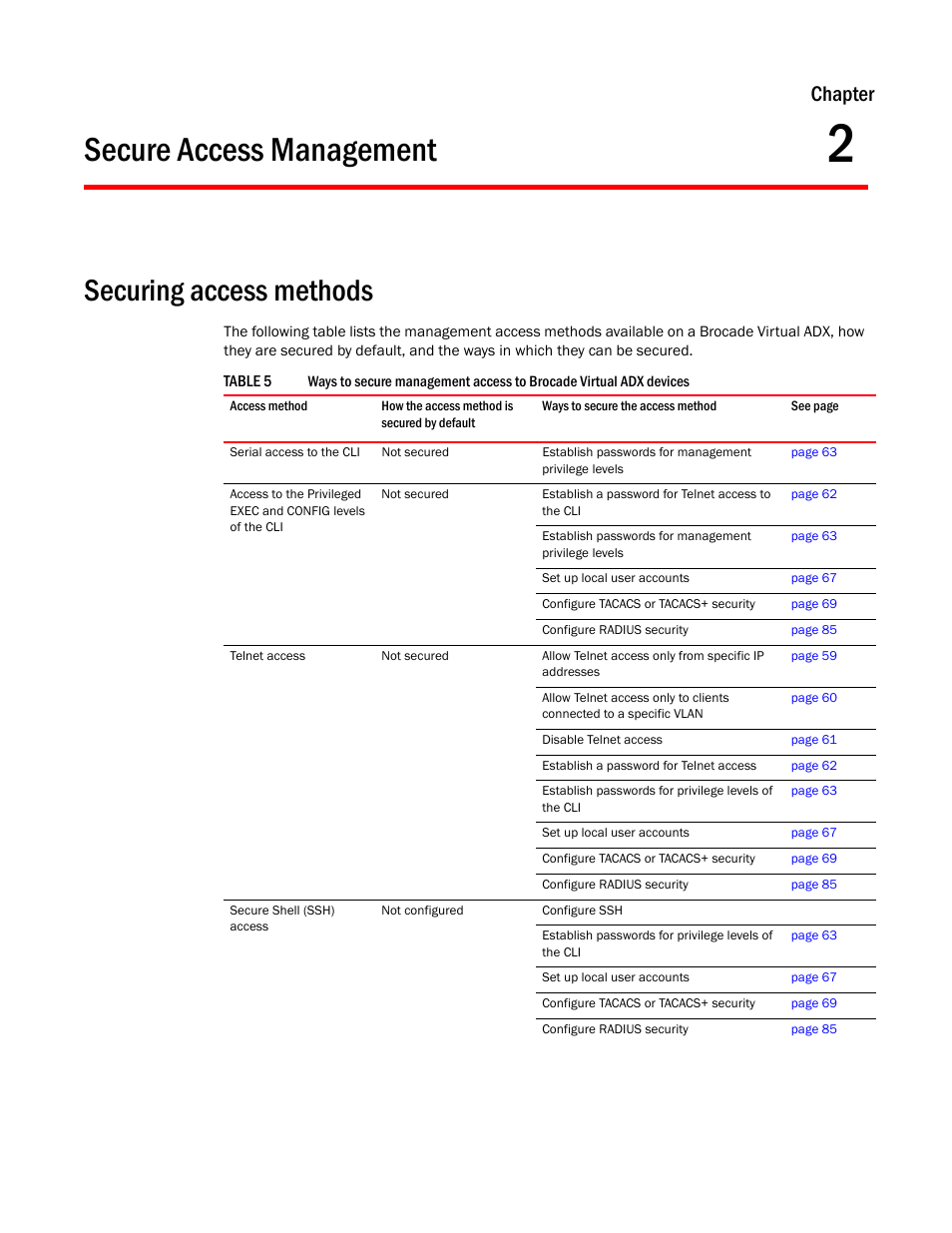 Secure access management, Securing access methods, Chapter 2 | Chapter | Brocade Virtual ADX Administration Guide (Supporting ADX v03.1.00) User Manual | Page 69 / 142